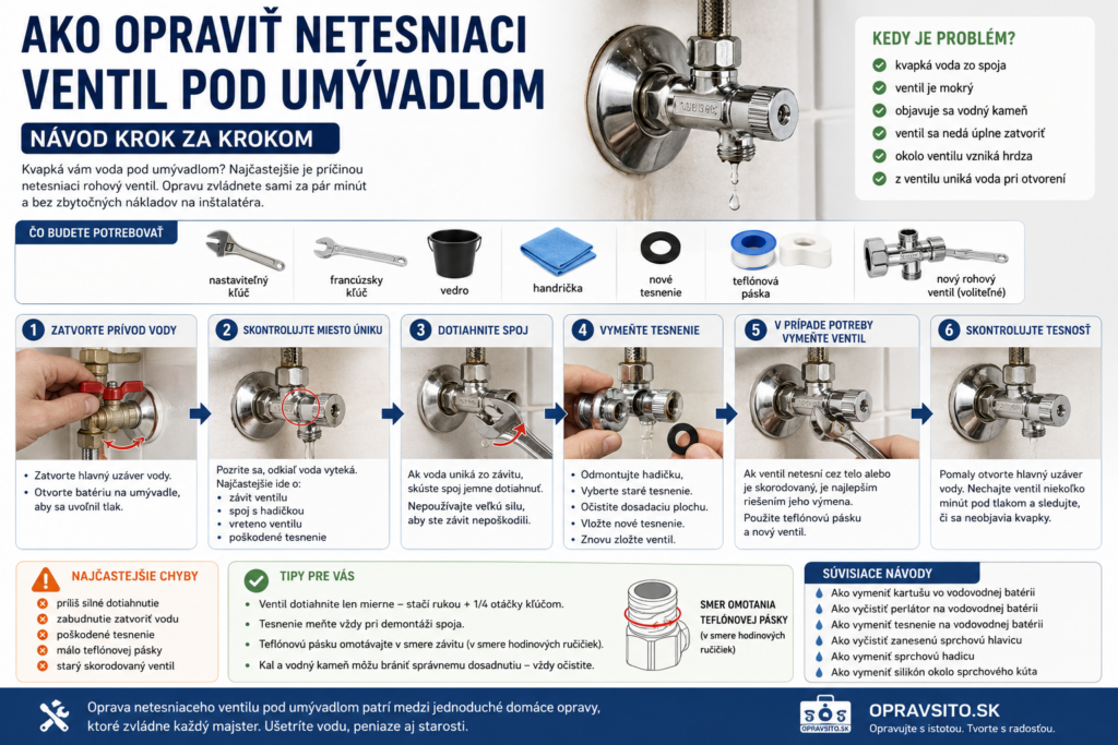Ako opraviť netesniaci ventil pod umývadlom – infografika s postupom opravy krok za krokom