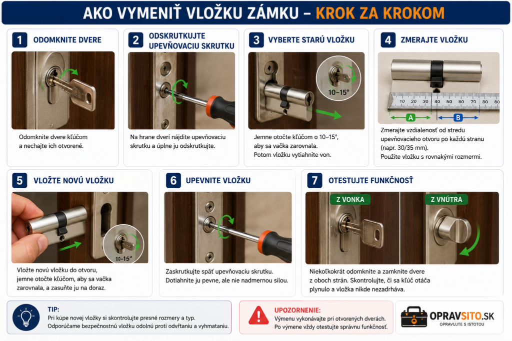 Výmena vložky zámku krok za krokom – odomknutie dverí, demontáž starej cylindrickej vložky, zmeranie rozmerov, montáž novej vložky a otestovanie správnej funkčnosti zámku.