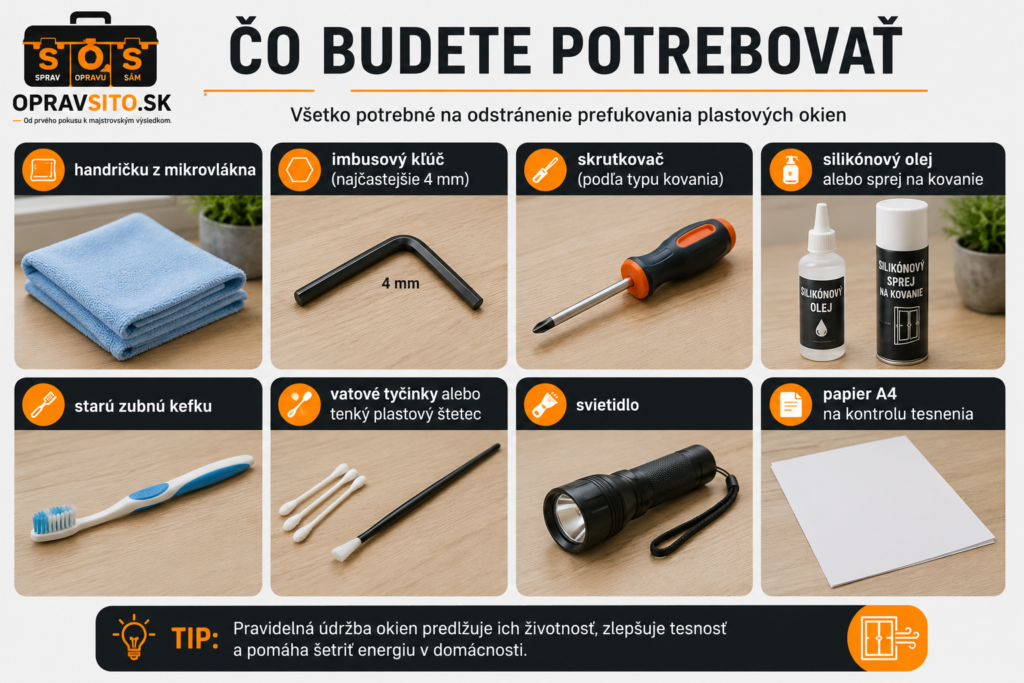 Pomôcky na odstránenie prefukovania plastových okien – handrička, imbusový kľúč, skrutkovač, silikónový olej, zubná kefka, vatové tyčinky, svietidlo a papier A4.