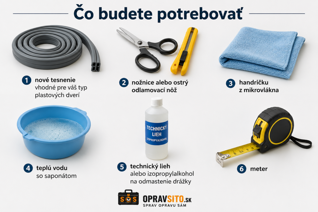 Čo budete potrebovať na výmenu tesnenia na plastových dverách – nové tesnenie, nožnice, odlamovací nôž, handrička z mikrovlákna, technický lieh, voda so saponátom a meter.