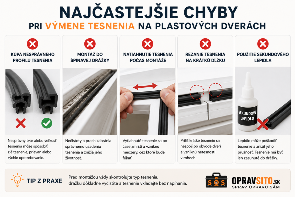 Najčastejšie chyby pri výmene tesnenia na plastových dverách – nesprávny profil tesnenia, špinavá drážka, natiahnutie tesnenia, krátke tesnenie a použitie sekundového lepidla.