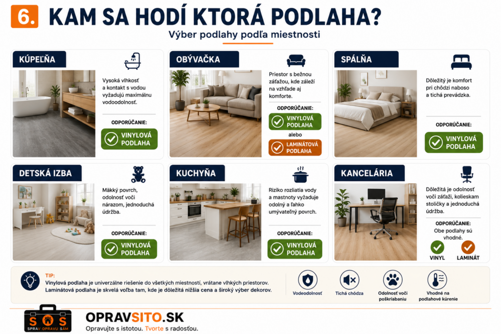 Ktorá podlaha je vhodná do jednotlivých miestností – odporúčanie vinylovej alebo laminátovej podlahy do obývačky, spálne, detskej izby, kuchyne, chodby a kancelárie.