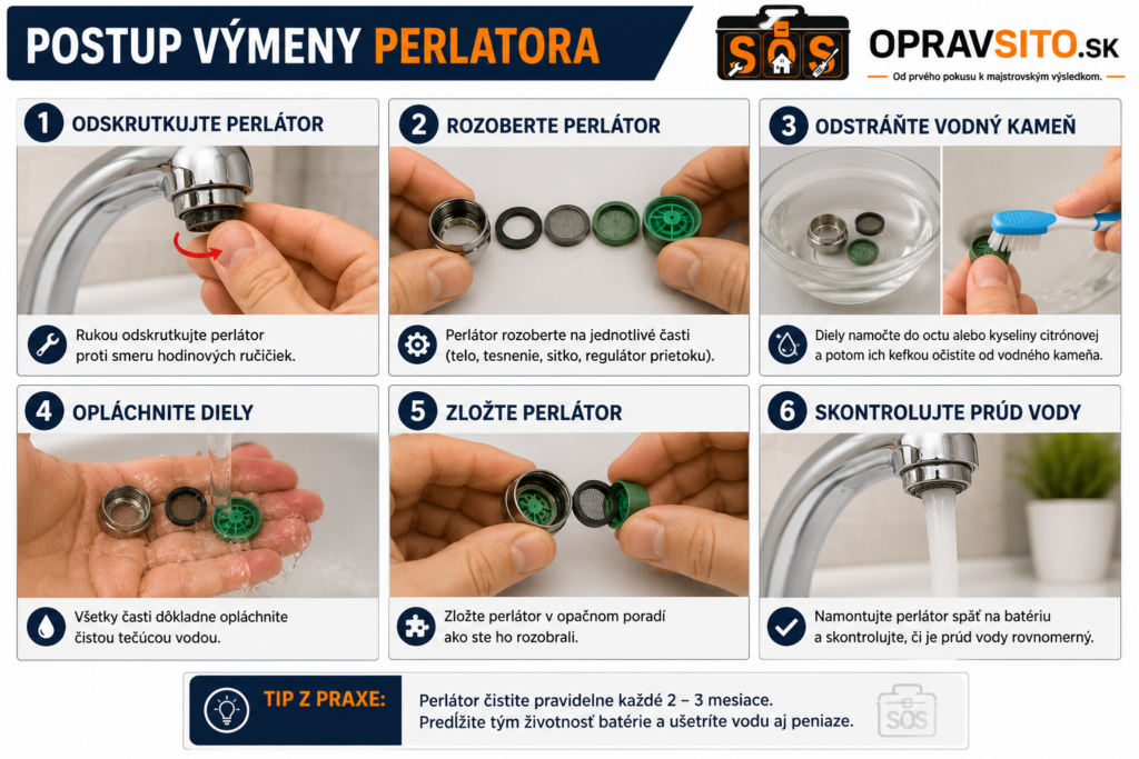 Postup čistenia perlátora na vodovodnej batérii krok za krokom – odskrutkovanie perlátora, rozobratie, odstránenie vodného kameňa, opláchnutie dielov, zloženie perlátora a kontrola prúdu vody.