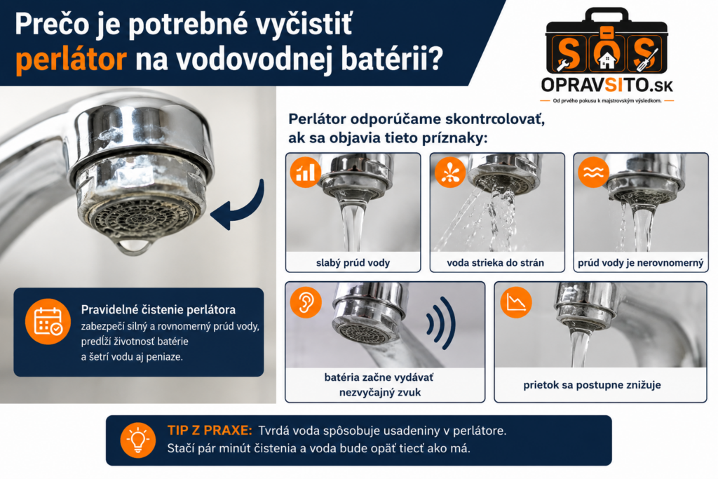 Prečo je potrebné vyčistiť perlátor na vodovodnej batérii – príznaky zaneseného perlátora, slabý prúd vody, voda striekajúca do strán, nerovnomerný prietok a znížený prietok vody.