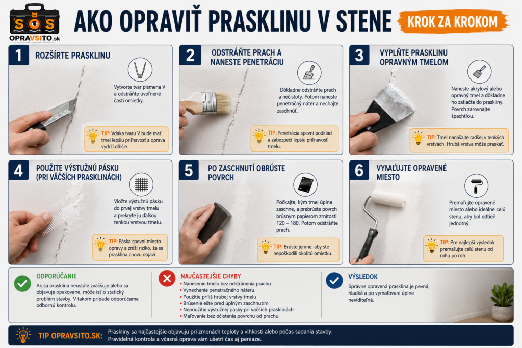 Ako opraviť prasklinu v stene - Infografika zobrazujúca postup opravy praskliny v stene krok za krokom – rozšírenie praskliny, odstránenie prachu, penetrácia, nanesenie tmelu, výstužná páska, brúsenie a maľovanie.