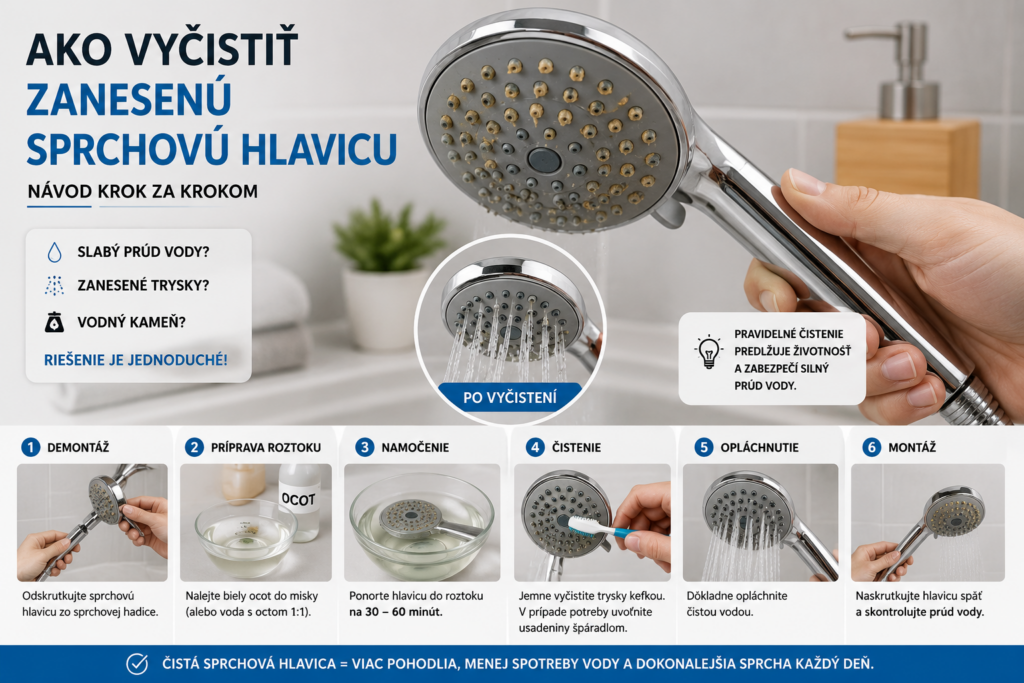 Infografika zobrazujúca postup, ako vyčistiť zanesenú sprchovú hlavicu od vodného kameňa pomocou octu. Návod krok za krokom od demontáže až po opätovnú montáž.