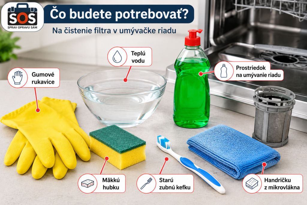 Pomôcky potrebné na čistenie filtra v umývačke riadu – gumové rukavice, hubka, zubná kefka, teplá voda, prostriedok na umývanie riadu a handrička z mikrovlákna.