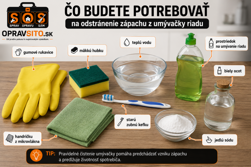 Ako odstrániť zápach z umývačky riadu. Pomôcky na odstránenie zápachu z umývačky riadu – gumové rukavice, hubka, handrička z mikrovlákna, zubná kefka, teplá voda, prostriedok na umývanie riadu, biely ocot a jedlá sóda.