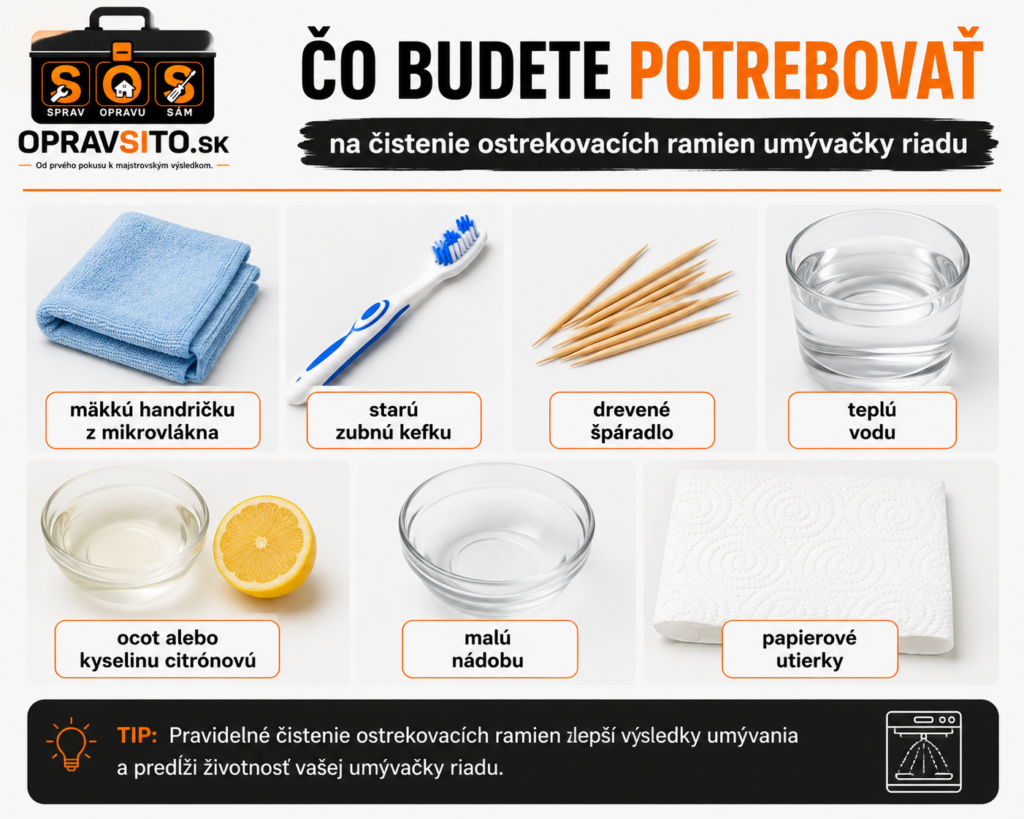 Čo budete potrebovať na čistenie ostrekovacích ramien umývačky riadu – handrička z mikrovlákna, zubná kefka, drevené špáradlo, teplá voda, ocot alebo kyselina citrónová, malá nádoba a papierové utierky.