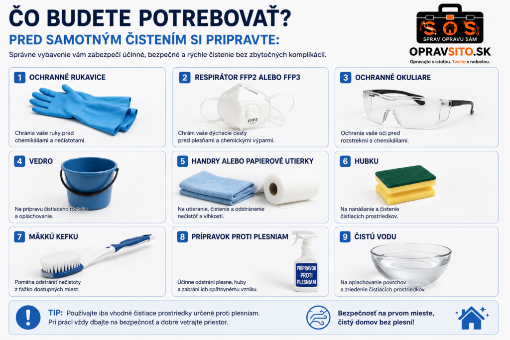 Čo budete potrebovať na odstránenie plesne – ochranné rukavice, respirátor FFP2 alebo FFP3, ochranné okuliare, vedro, handry, hubka, mäkká kefka, prípravok proti plesniam a čistá voda.