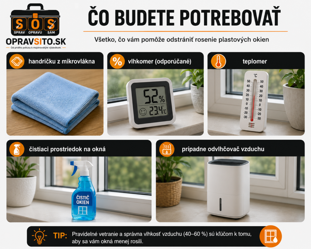 Čo budete potrebovať na odstránenie rosenia plastových okien – handrička, vlhkomer, teplomer, čistič okien a odvlhčovač vzduchu.
