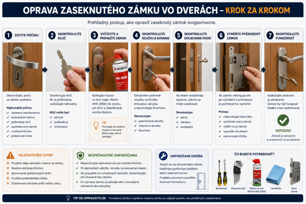 Infografika znázorňuje opravu zaseknutého zámku vo dverách krok za krokom – od kontroly príčiny a premazania zámku až po výmenu poškodeného mechanizmu.