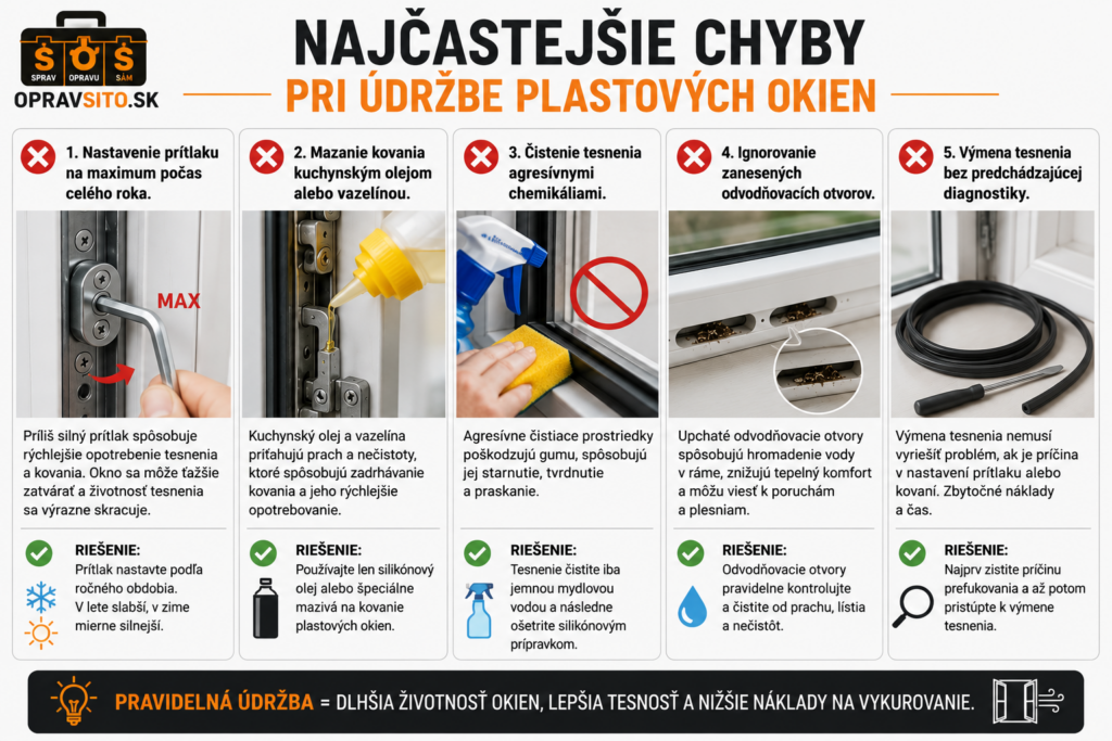 Najčastejšie chyby pri údržbe plastových okien – nesprávne nastavenie prítlaku, mazanie kovania nevhodným olejom, čistenie tesnenia agresívnymi prostriedkami, zanesené odvodňovacie otvory a zbytočná výmena tesnenia.