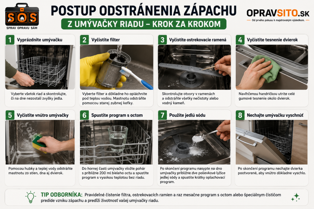 Postup odstránenia zápachu z umývačky riadu krok za krokom – vyčistenie filtra, ostrekovacích ramien, tesnenia, vnútorného priestoru a čistenie pomocou octu a jedlej sódy.
