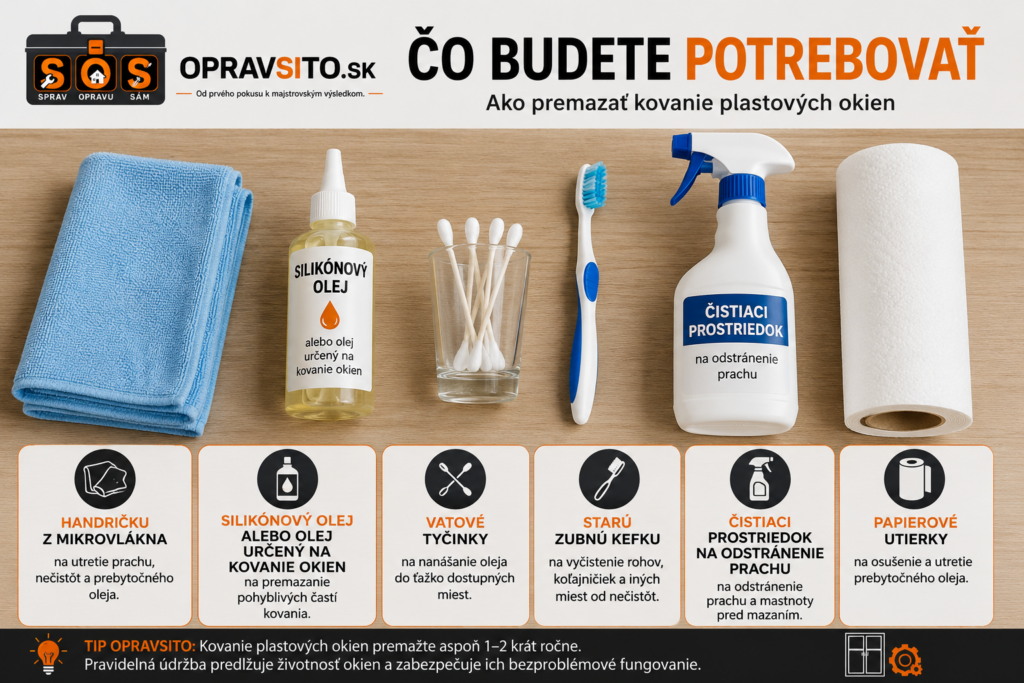 Čo budete potrebovať na premazanie kovania plastových okien – handrička, silikónový olej, vatové tyčinky, zubná kefka, čistiaci prostriedok a papierové utierky.