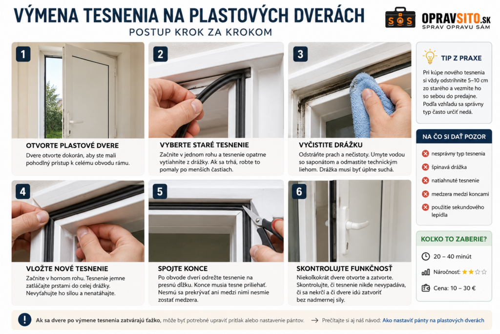 Ako vymeniť tesnenie na plastových dverách postup krok za krokom – odstránenie starého tesnenia, vyčistenie drážky, montáž nového tesnenia a kontrola funkčnosti.