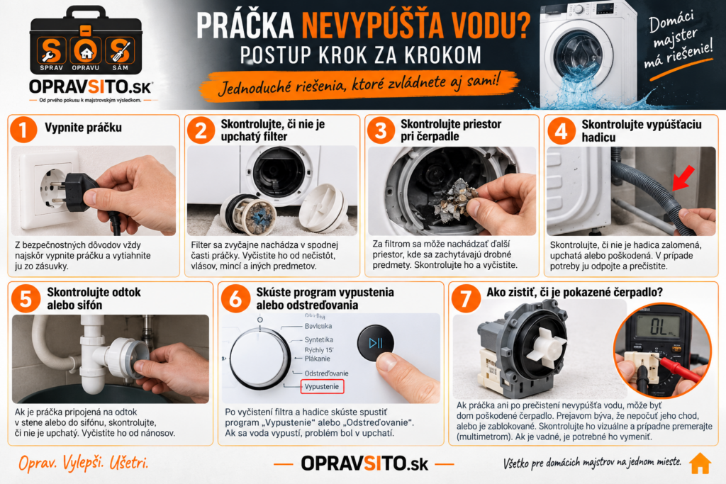 Práčka nevypúšťa vodu – 7 krokov na kontrolu filtra, hadice, odtoku a čerpadla